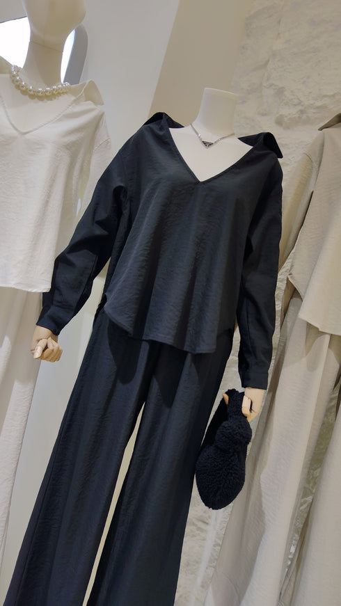 Deep V-Neck Collar Down Pullover with Trousers Sets